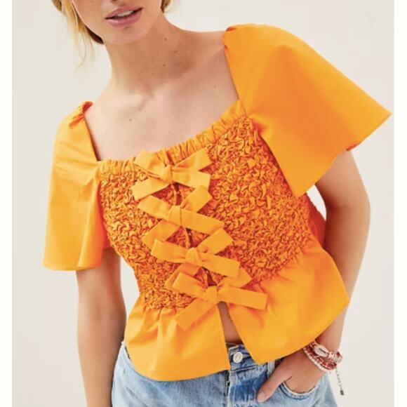 Anthro Mare Mare Smocked Bow-Tie Orange Blouse - Picture 1 of 6